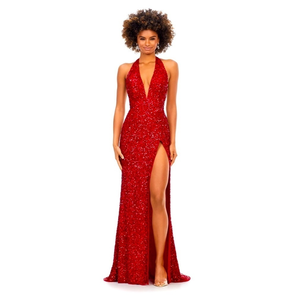 Ashley Lauren 11068 Beaded Deep Halter V Neck Long Formal/Prom Dress